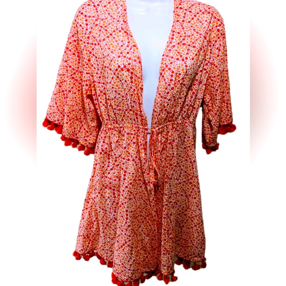 J Crew Orange and White Floral Swim Coverup with Front Tie and Orange Fringe